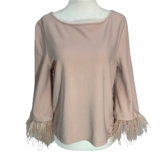 𝅺halogen Removable Feather Ostrich Sleeve Trim Ponte Top Blush Sz S - Picture 4 of 11